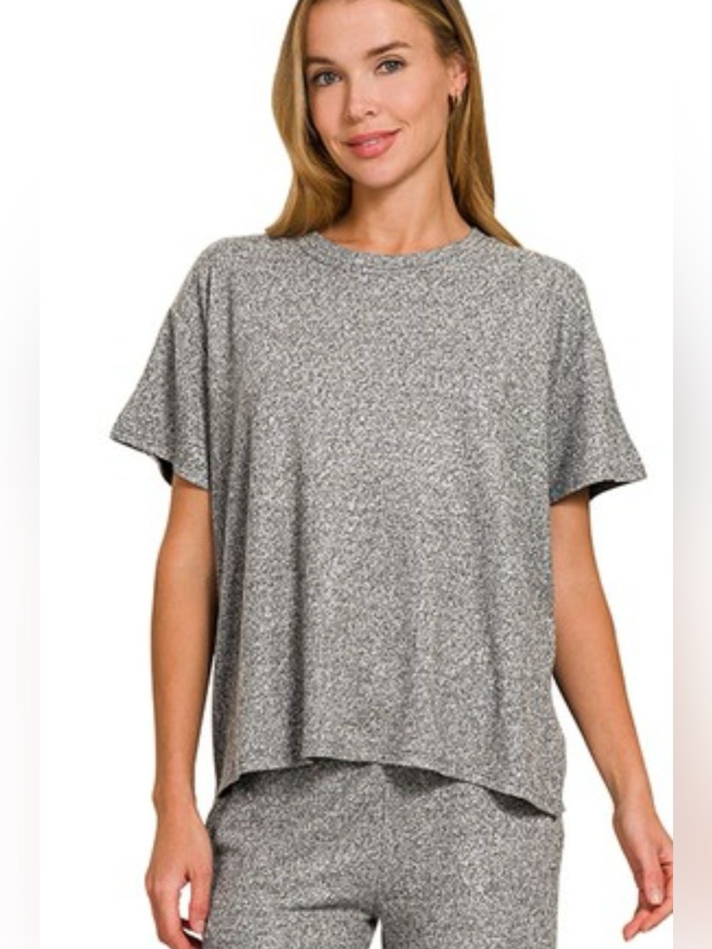 Zenana Soft Melange Short Sleeve Tee & Long Pants Set - Picture 3 of 4